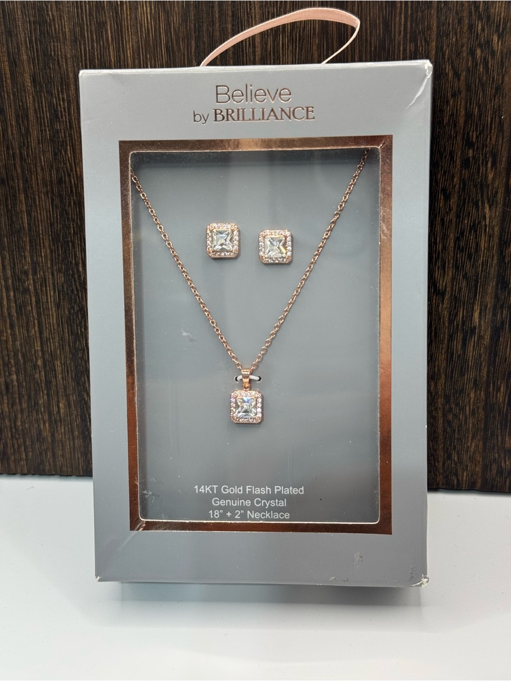 Believe by Brilliance Rose Gold Crystal Pendant 14kgp Necklace & Earrings Set